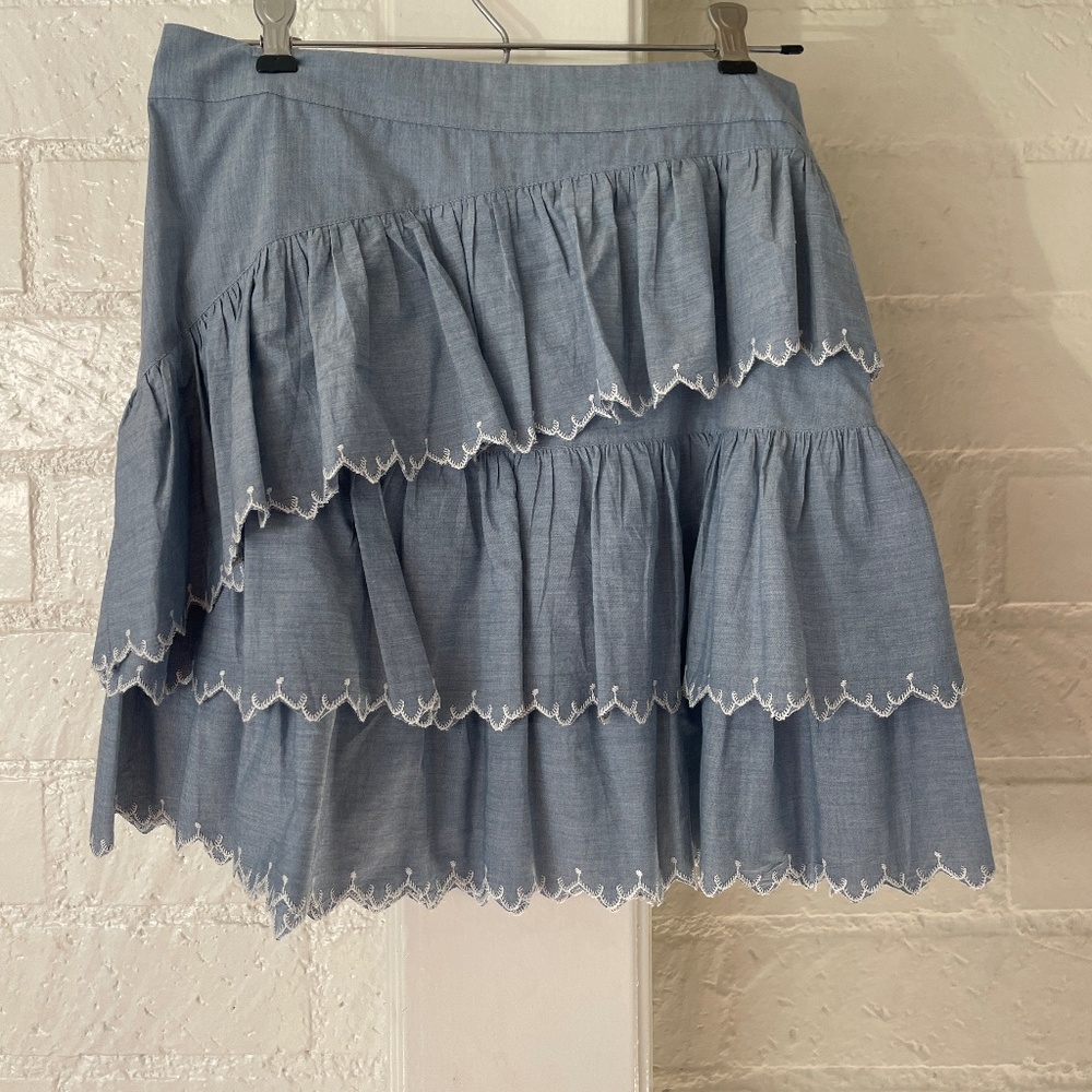 Ulla Johnson Ella Skirt | Mini | Tiered Chambray w/ White Embroidery Accents